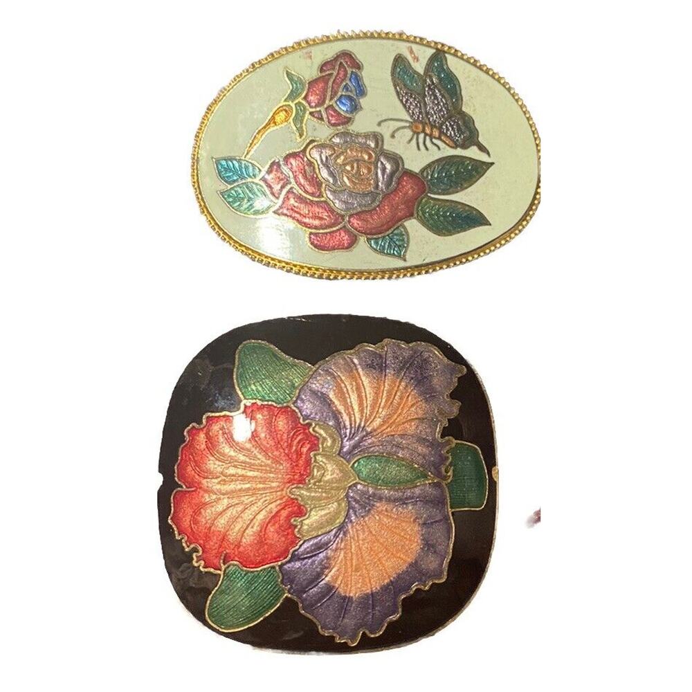 Vintage 1970's Butterfly & Rose Cloisonné Enamel Belt Buckle Bundle 2-3” Boho